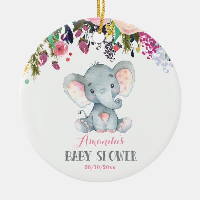 Floral Girl Elephant Babydusche Rosa und Grau Keramik Ornament (Vorne)