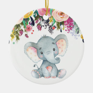 Floral Girl Elephant Babydusche Rosa und Grau Keramik Ornament
