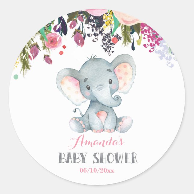 Floral Girl Elephant Babydusche Rosa und Grau Runder Aufkleber (Vorderseite)