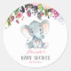 Floral Girl Elephant Babydusche Rosa und Grau Runder Aufkleber (Vorderseite)