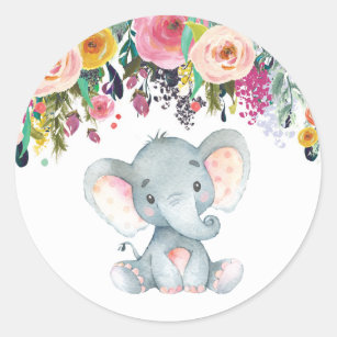 Floral Girl Elephant Babydusche Rosa und Grau Runder Aufkleber