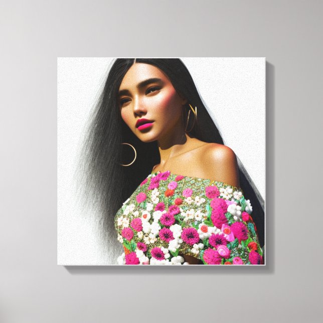 Floral Girl Illustration 3D Art Leinwanddruck (Vorderseite)