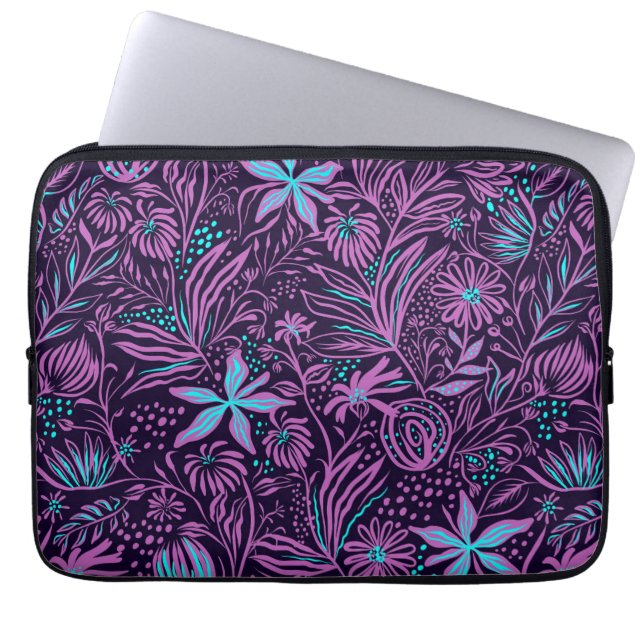 Floral Girl Pink Lila Aquamarines Schwarzes Muster Laptopschutzhülle (Vorderseite)