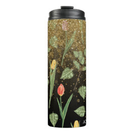 ** Floral Girl Pink Yellow TULIPS Gold Glitzer Thermosbecher