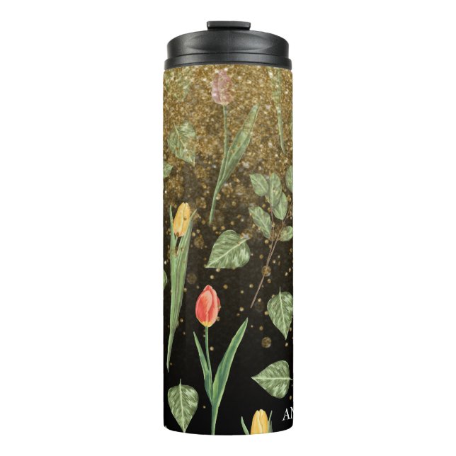 ** Floral Girl Pink Yellow TULIPS Gold Glitzer Thermosbecher (Vorderseite)