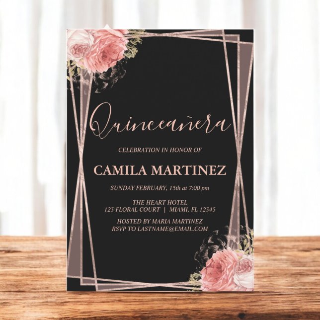 Floral Girl Rose Gold Black Quinceanera Party Einladung (Von Creator hochgeladen)