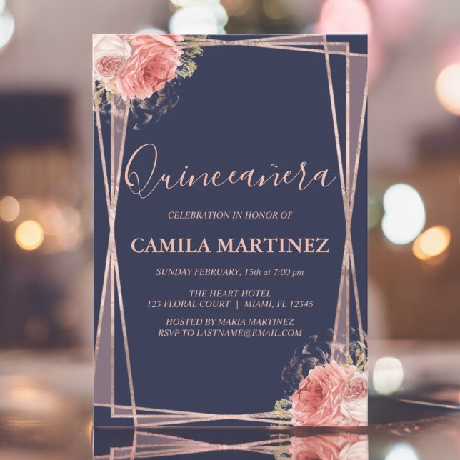 Floral Girl Rose Gold Blue Quinceanera Party Einladung (Von Creator hochgeladen)