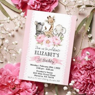 Floral Girl Safari Baby Animals Geburtstag Einladung