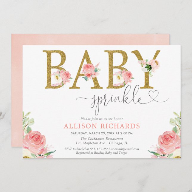 Floral Girl streuen, rot pinkfarbenes Gold elegant Einladung (Vorne/Hinten)