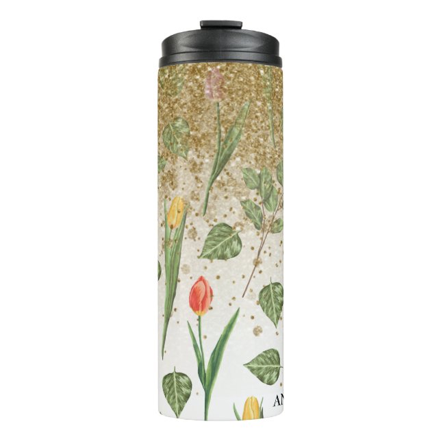*~* Floral Girl Yellow Pink TULIPS Gold Glitzer Thermosbecher (Vorderseite)