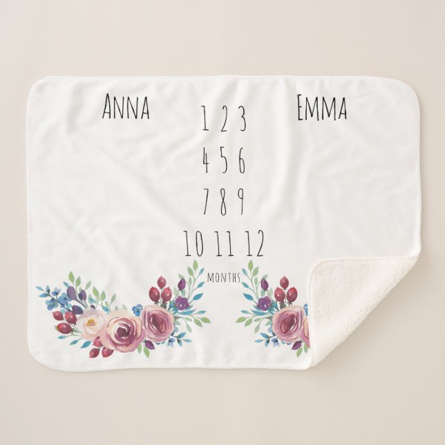 Floral Girls Twin Milestone Fleece Blanket Sherpadecke (Vorderseite (Horizontal))