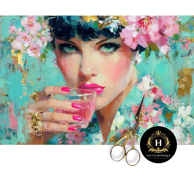 Floral Glam Frau mit rosa Drink Decoupage Seidenpapier (Von Creator hochgeladen)