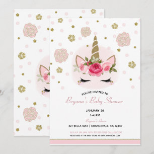 Floral Glam Gold Glitzer Unicorn Kinderdusche Einladung