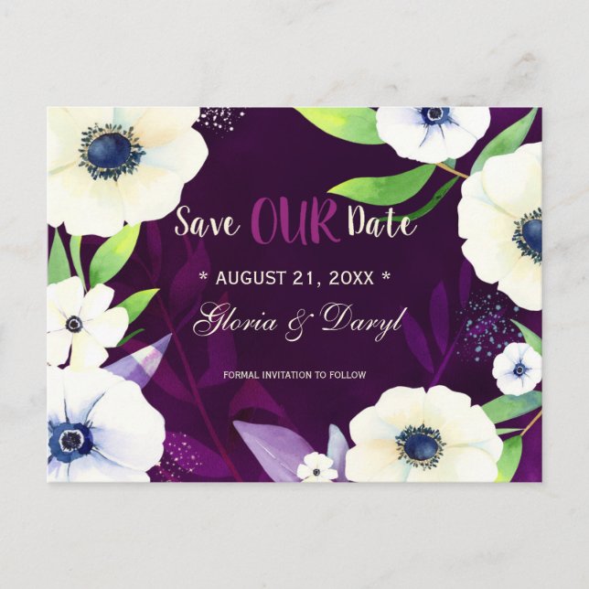 Floral Glam Lila Wedding Save the Date Ankündigungspostkarte (Vorderseite)
