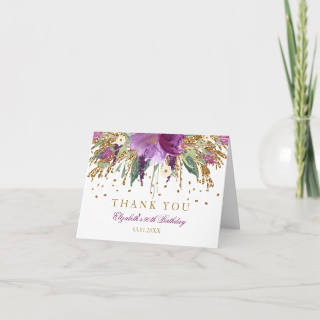 Floral Glitzer Amethyst 90. Geburtstag Vielen Dank Dankeskarte (Vorderseite)