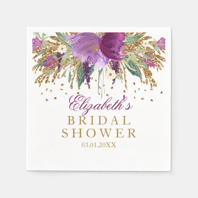 Floral Glitzer Amethyst Brautparty Napkins Serviette (Vorderseite)