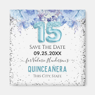 Floral Glitzer Blue Quinceañera Save the Date Magn Magnet