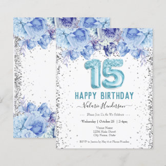 Floral Glitzer Light Blue Happy 15. Geburtstag