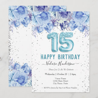 Floral Glitzer Light Blue Happy 15. Geburtstag