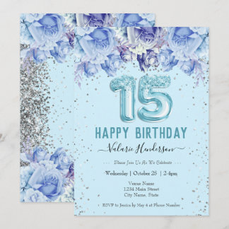Floral Glitzer Light Blue Happy 15. Geburtstag