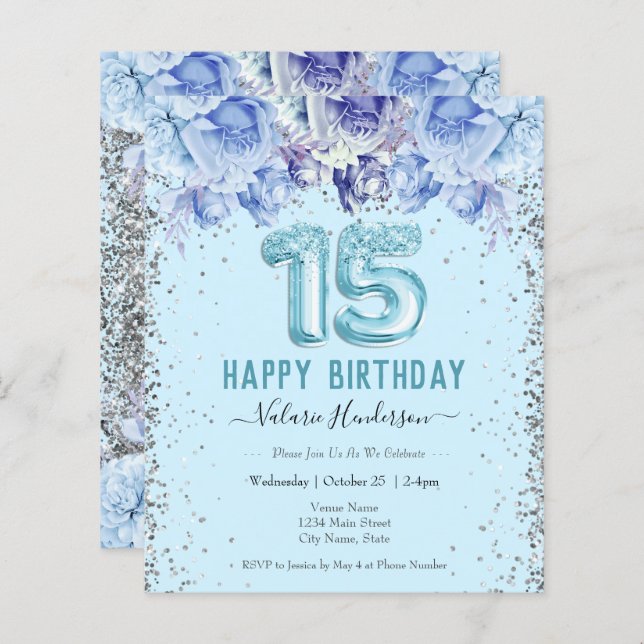Floral Glitzer Light Blue Happy 15. Geburtstag (Vorne/Hinten)
