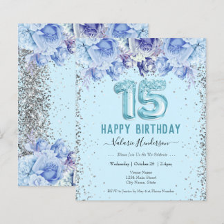 Floral Glitzer Light Blue Happy 15. Geburtstag