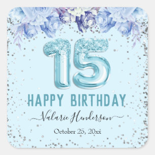 Floral Glitzer Light Blue Happy 15. Geburtstag Quadratischer Aufkleber