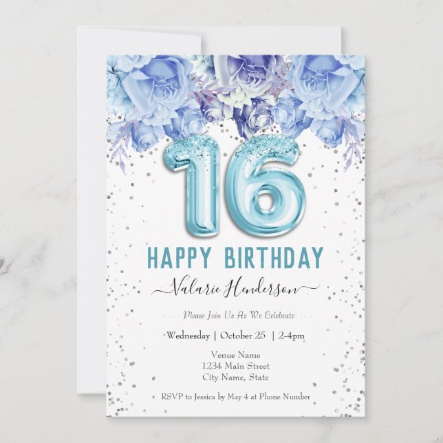 Floral Glitzer Light Blue Happy 16. Geburtstag (Vorderseite)