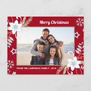 Floral Glitzer Snowflakes Rotes Weihnachtsfest Fot Feiertagspostkarte