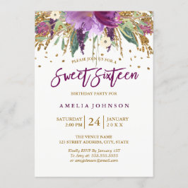 Floral Glitzer Sparkling Amethyst 16 . Geburtstag Einladung