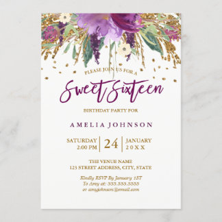Floral Glitzer Sparkling Amethyst 16 . Geburtstag Einladung