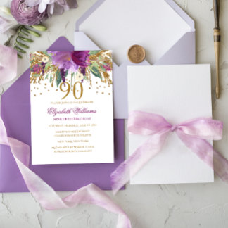 Floral Glitzer Sparkling Amethyst 90. Geburtstag Einladung