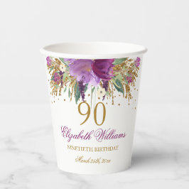 Floral Glitzer Sparkling Amethyst 90. Geburtstag Pappbecher
