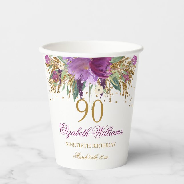 Floral Glitzer Sparkling Amethyst 90. Geburtstag Pappbecher (Vorderseite)