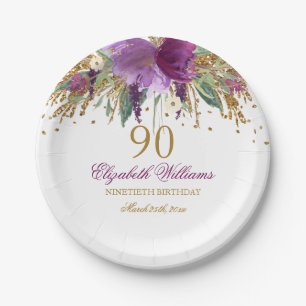 Floral Glitzer Sparkling Amethyst 90. Geburtstag Pappteller