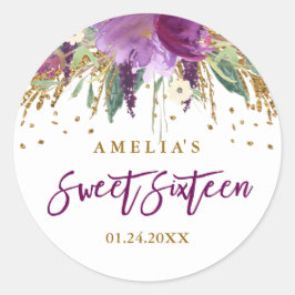 Floral Glitzer Sparkling Amethyst Sweet 16 Aufkleb Runder Aufkleber