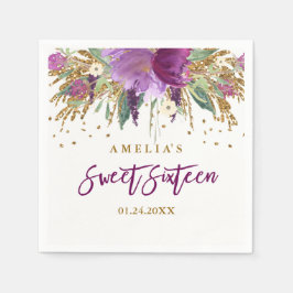 Floral Glitzer Sparkling Amethyst Sweet 16 Napkin Serviette