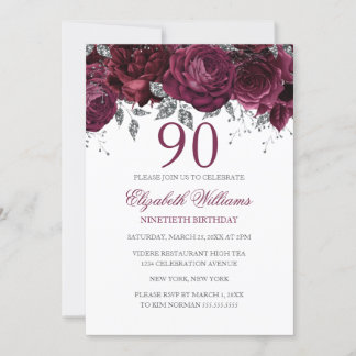 Floral Glitzer Sparkling Burgund 90. Geburtstag Einladung