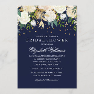 Floral Glitzer Sparkling Gold Navy Brautparty Einladung