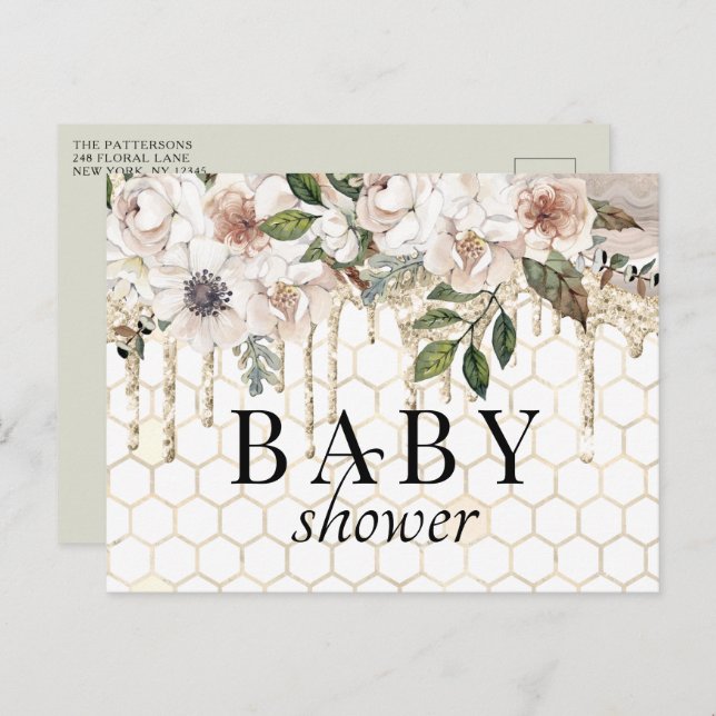 Floral Glitzer Tropfen Marble Baby Dusche Postkarte (Vorne/Hinten)