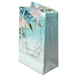 Floral Glitzern 16 . Geburtstag Aquamarin ID912 Kleine Geschenktüte