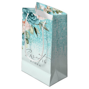 Floral Glitzern 16 . Geburtstag Aquamarin ID912 Kleine Geschenktüte
