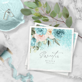 Floral Glitzern 16 . Geburtstag Aquamarin ID912 Serviette