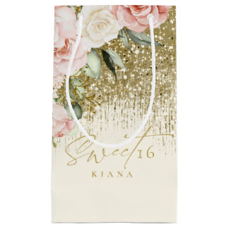 Floral Glitzern 16 . Geburtstag Gold ID912 Kleine Geschenktüte