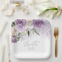 Floral Glitzern 16 . Geburtstag Mauve ID912 Pappteller