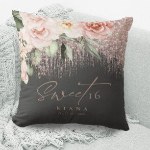 Floral Glitzern 16 . Geburtstag Rose Gold/Blk ID91 Kissen