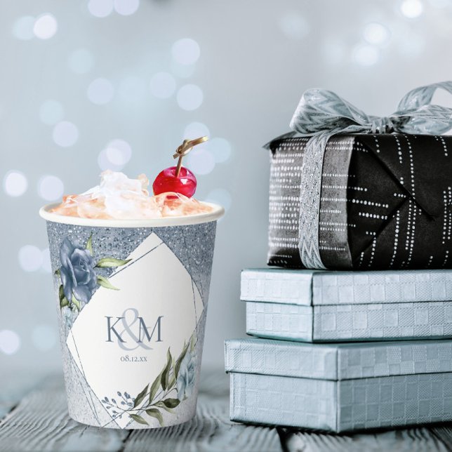 Floral Glitzern Wedding Initials Dusty Blue ID889 Pappbecher (Von Creator hochgeladen)