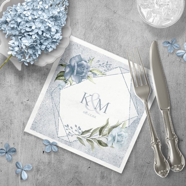 Floral Glitzern Wedding Initials Dusty Blue ID889 Serviette (Von Creator hochgeladen)