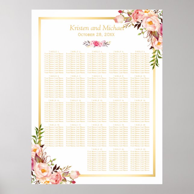 Floral Gold | 20+ Tabellen Hochsitzdiagramm Poster (Vorne)