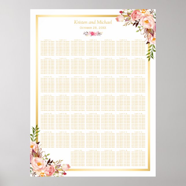 Floral Gold | 40+ Tische Hochzeitsstichtabelle Poster (Vorne)